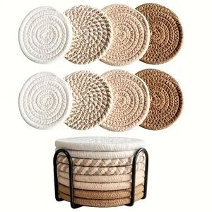 8 Piece Cotton Boho Woven Absorbent Drink Coasters w Holder Beige & Brown